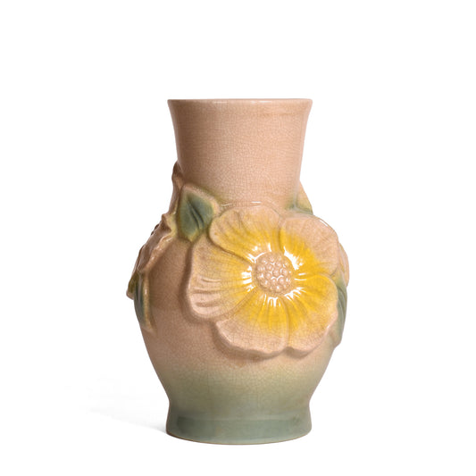 Hand-Painted Stoneware 7" Vintage Reproduction Embossed Flower Vase