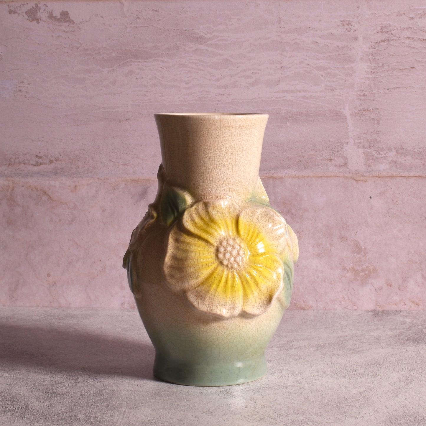 Hand-Painted Stoneware 7" Vintage Reproduction Embossed Flower Vase