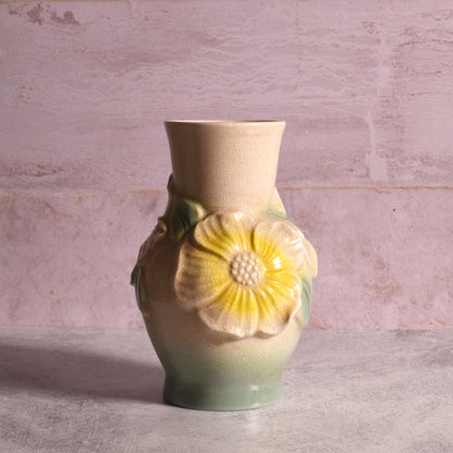 Hand-Painted Stoneware 7" Vintage Reproduction Embossed Flower Vase