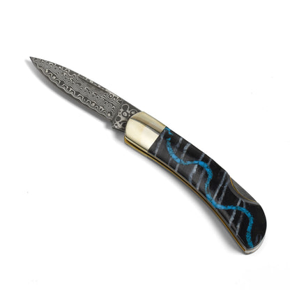 Santa Fe Stoneworks Mammoth Vein Turquoise Black Damascus 3" Lockback Pocketknife
