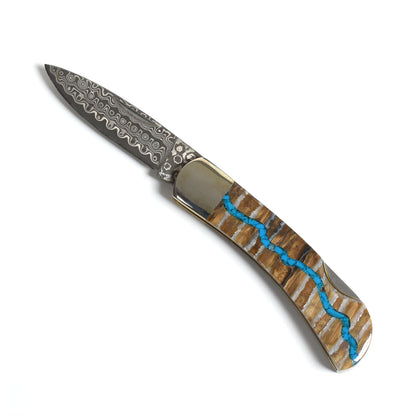 Santa Fe Stoneworks Mammoth Vein Turquoise Damascus 3" Lockback Pocketknife