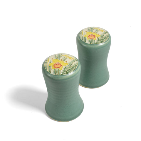 Handmade American Pottery Salt and Pepper Shakers with Daffodil Design, Green