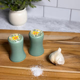 Handmade American Pottery Salt and Pepper Shakers with Daffodil Design, Green