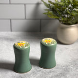 Handmade American Pottery Salt and Pepper Shakers with Daffodil Design, Green