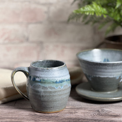 American Handmade Coffee Pour Over Set, Barrel Mug with Dripper, Lakeshore Gray