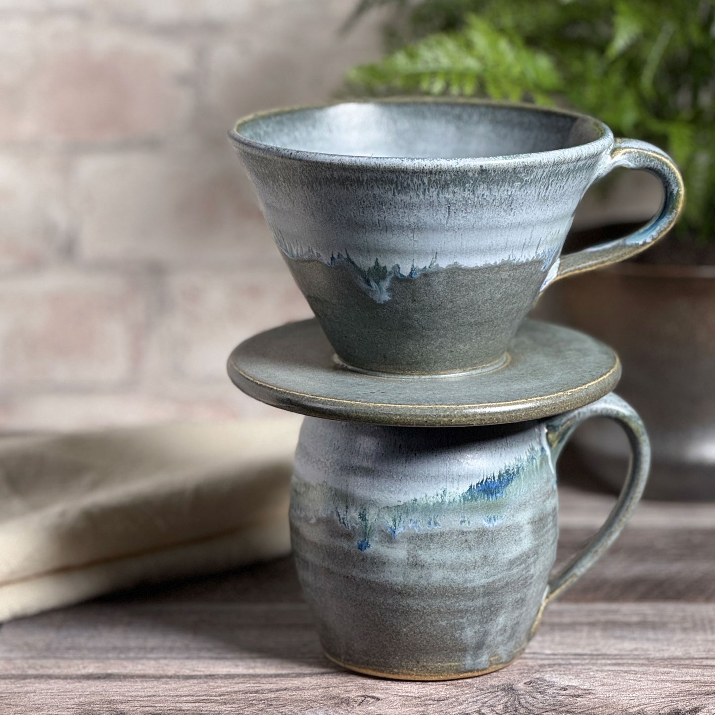 American Handmade Coffee Pour Over Set, Barrel Mug with Dripper, Lakeshore Gray