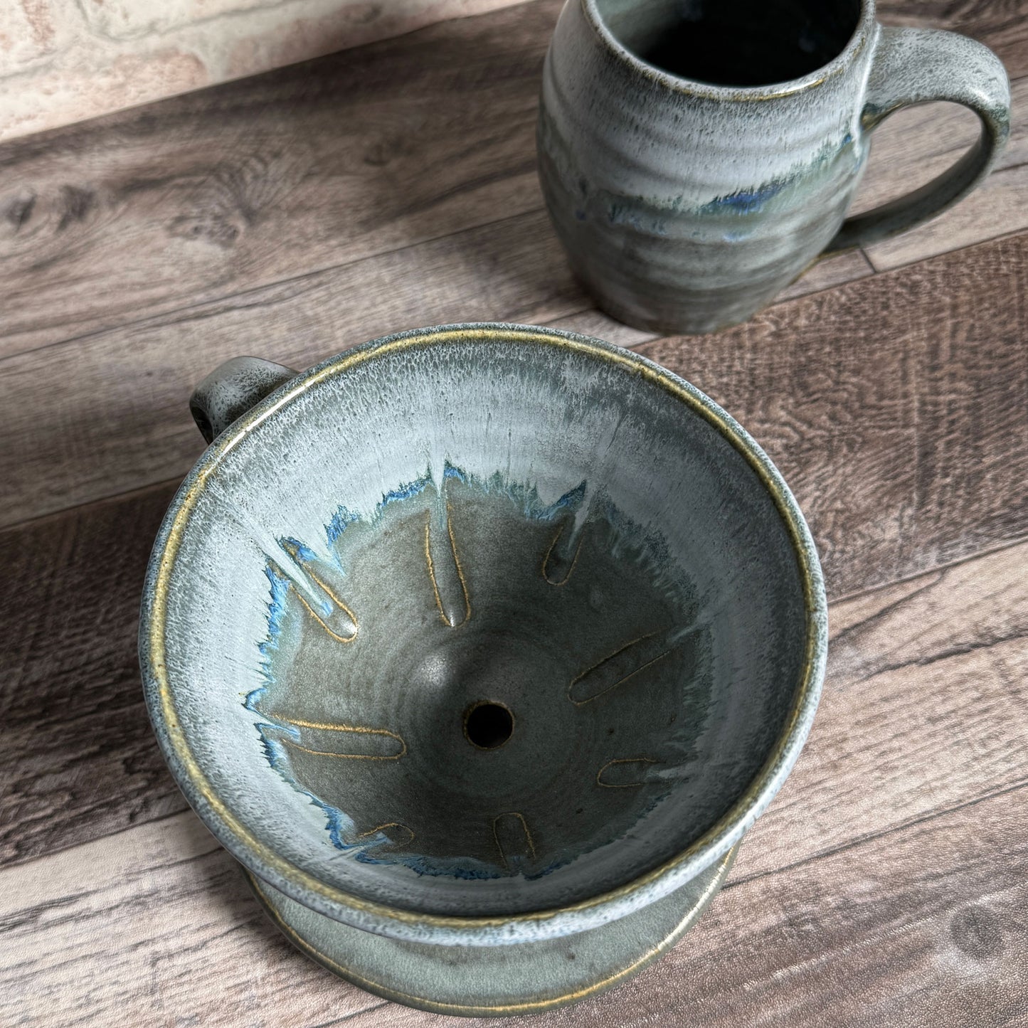 American Handmade Coffee Pour Over Set, Barrel Mug with Dripper, Lakeshore Gray