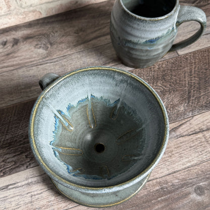 American Handmade Coffee Pour Over Set, Barrel Mug with Dripper, Lakeshore Gray