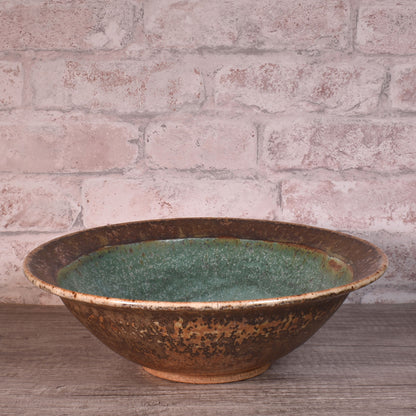 Dock 6 Pottery 12" Rimmed Bowl with Crackled Fused Glass, Green/Copper