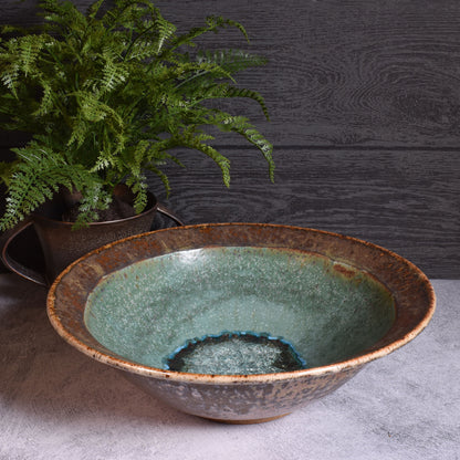 Dock 6 Pottery 12" Rimmed Bowl with Crackled Fused Glass, Green/Copper