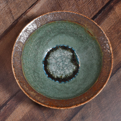 Dock 6 Pottery 12" Rimmed Bowl with Crackled Fused Glass, Green/Copper
