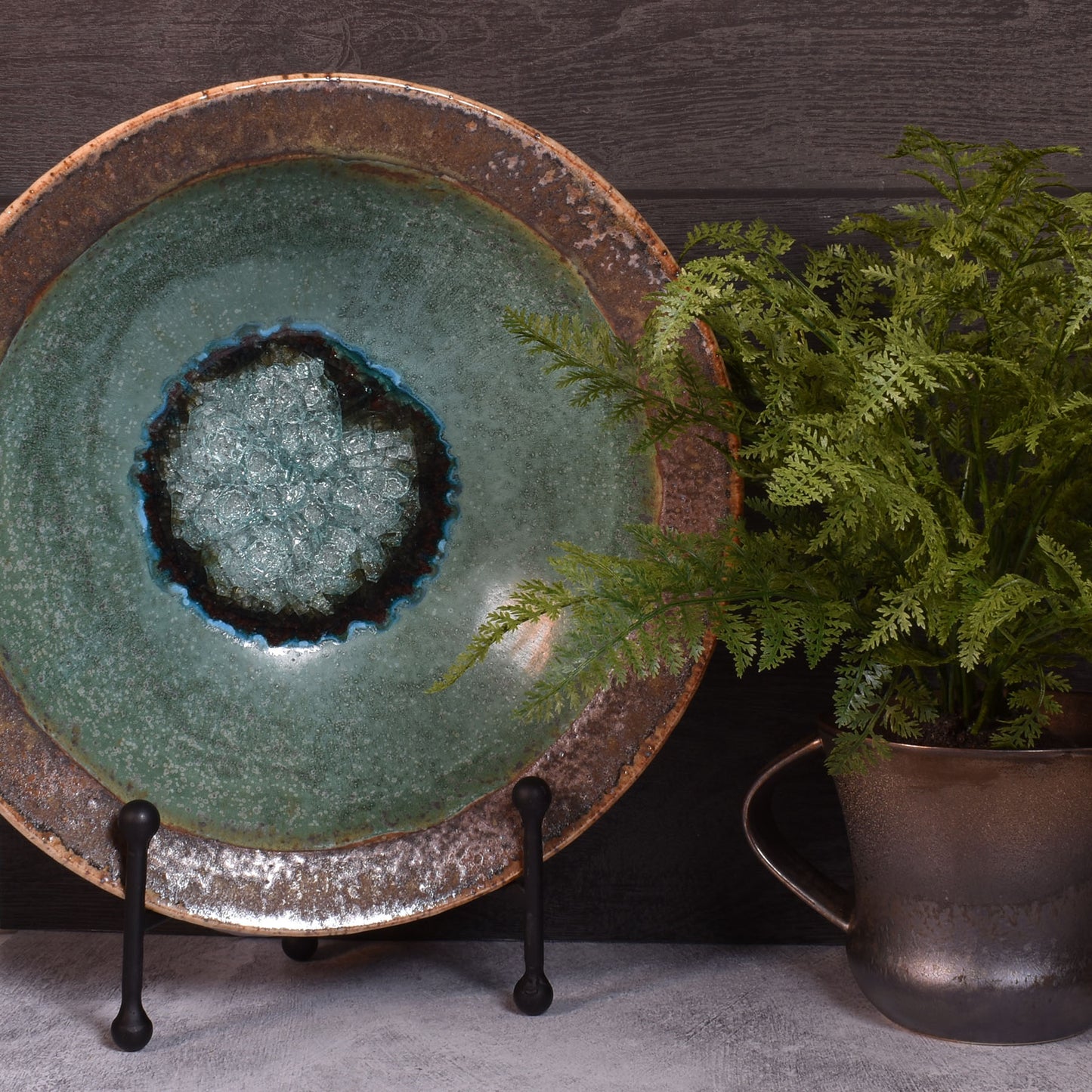 Dock 6 Pottery 12" Rimmed Bowl with Crackled Fused Glass, Green/Copper
