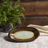 American Handmade Oval Dish with Crackled Fused Glass by Dock 6 Pottery, Ancient Copper, Each One Varies