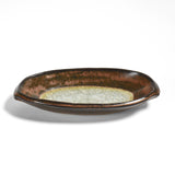 American Handmade Oval Dish with Crackled Fused Glass by Dock 6 Pottery, Ancient Copper, Each One Varies