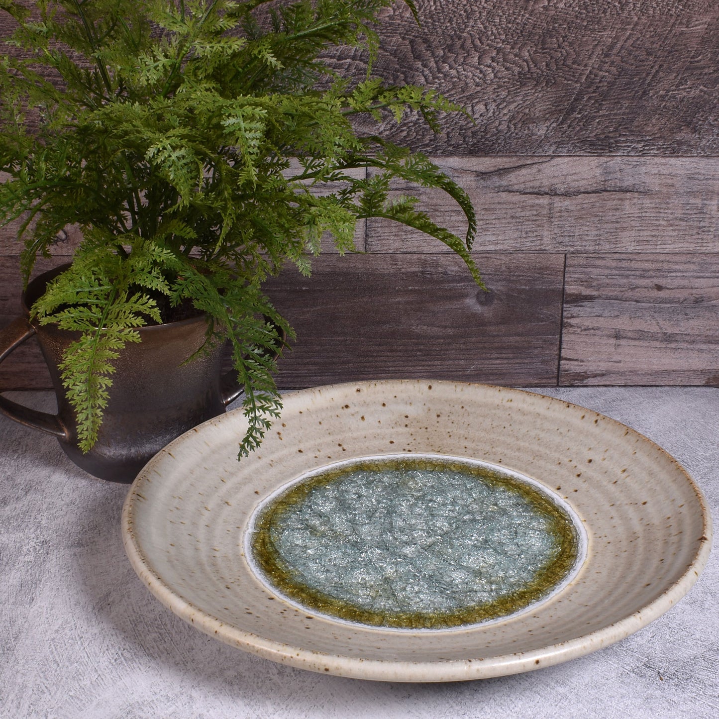Dock 6 Pottery Large Decorative Plate with Crackled Fused Glass, Speckled White (Style A)