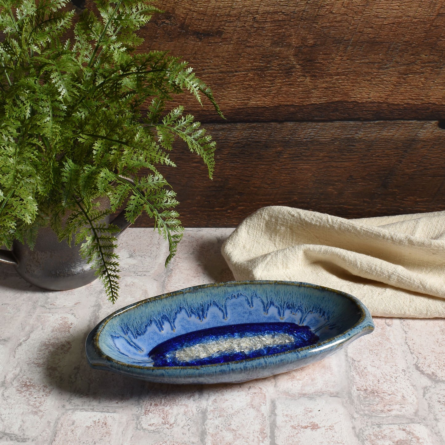 American Handmade Oval Dish with Crackled Fused Glass by Dock 6 Pottery, Starry Night, Each One Varies