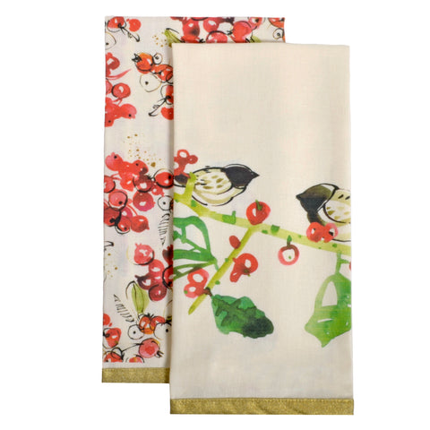 Watercolor Birds and Cherries 100% Cotton Tea Towels with Gold Trim, Set of 2