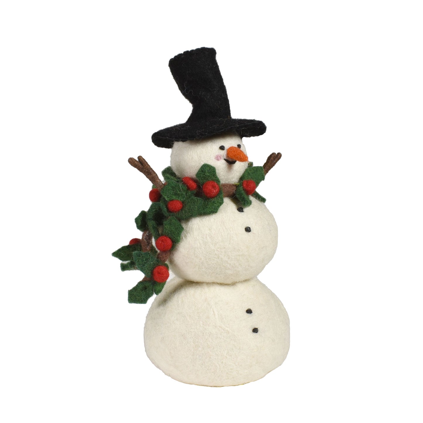 Fair Trade Felted Wool 9" Snowman with Holly Scarf Figurine, Handmade in Nepal