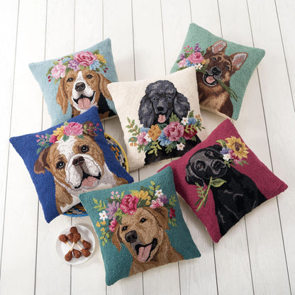 Floral German Shepherd 18" Square Hooked Wool Throw Pillow