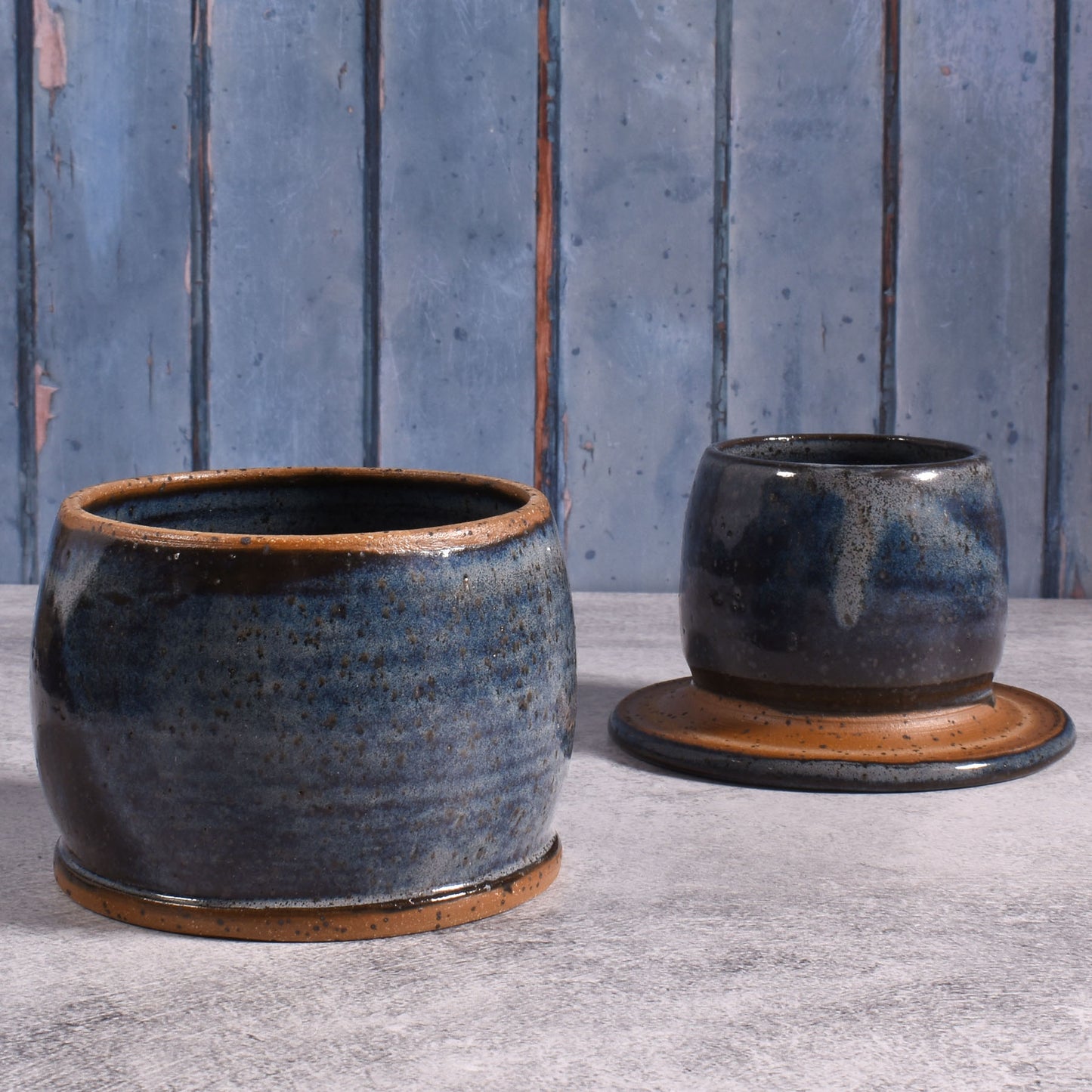 American Handmade Pottery French Butter Keeper Dish, Blue Gray (Each One Unique)