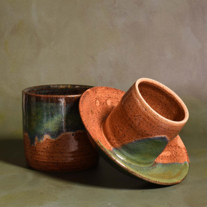 American Handmade Pottery French Butter Keeper, Emerald Green