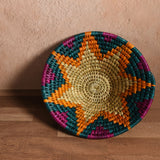 African Fair Trade Handwoven 8-1/2" Grass Basket, Teal, Magenta, Orange, and Natural