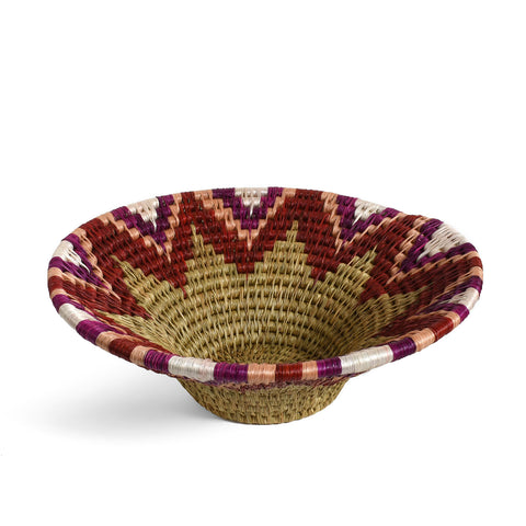 African Fair Trade Handwoven 11" Grass Basket, Red, Purple, White, and Natural