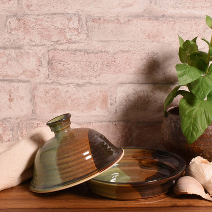American Handmade Garlic Roaster with Lid by Holman Pottery, Green Earth