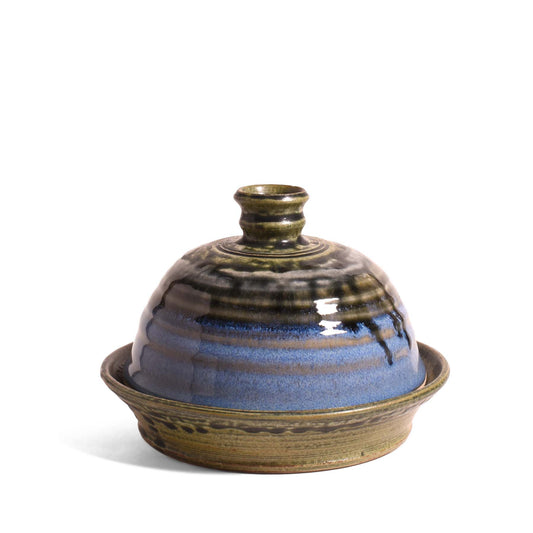 American Handmade Garlic Roaster with Lid by Holman Pottery, Smoky Blue