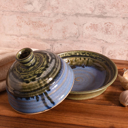 American Handmade Garlic Roaster with Lid by Holman Pottery, Smoky Blue
