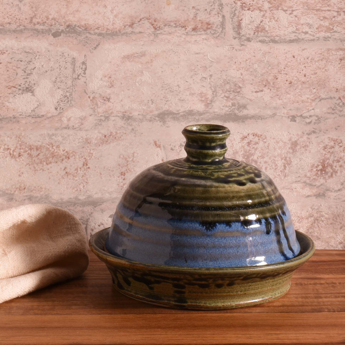 American Handmade Garlic Roaster with Lid by Holman Pottery, Smoky Blue