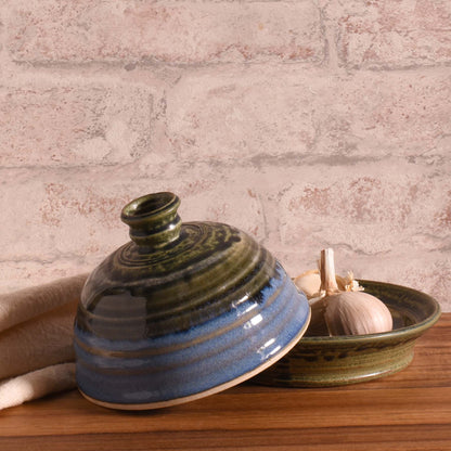 American Handmade Garlic Roaster with Lid by Holman Pottery, Smoky Blue
