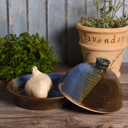 American Handmade Stoneware Garlic Roaster with Lid by Holman Pottery, Blue Earth Glaze