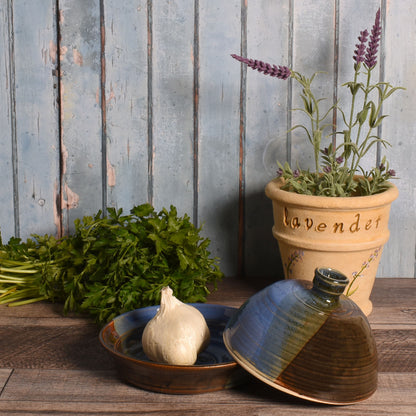 American Handmade Stoneware Garlic Roaster with Lid by Holman Pottery, Blue Earth Glaze