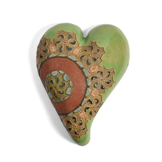 Big Willa Ceramic Heart Wall Plaque by Laurie Pollpeter Eskenazi, Green/Multi, Handmade American Pottery