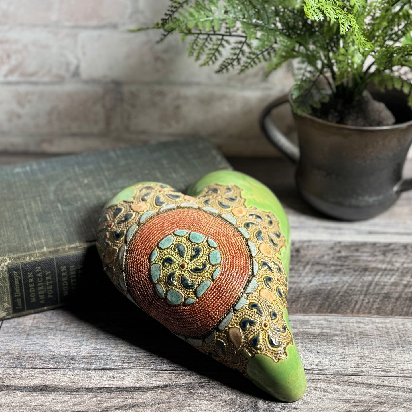 Big Willa Ceramic Heart Wall Plaque by Laurie Pollpeter Eskenazi, Green/Multi, Handmade American Pottery