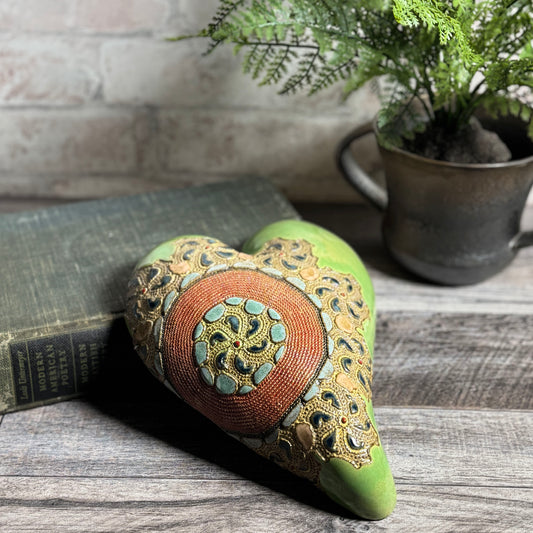 Big Willa Ceramic Heart Wall Plaque by Laurie Pollpeter Eskenazi, Green/Multi, Handmade American Pottery