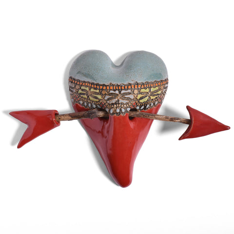 Little Harlequin with Arrow Ceramic Wall Heart by Laurie Pollpeter Eskenazi, Red/Multi, Handmade American Pottery