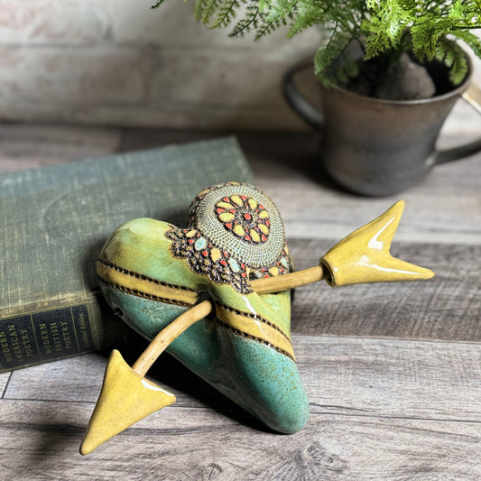 Little Jester Yellow Stripe with Arrow Ceramic Heart Wall Plaque by Laurie Pollpeter Eskenazi