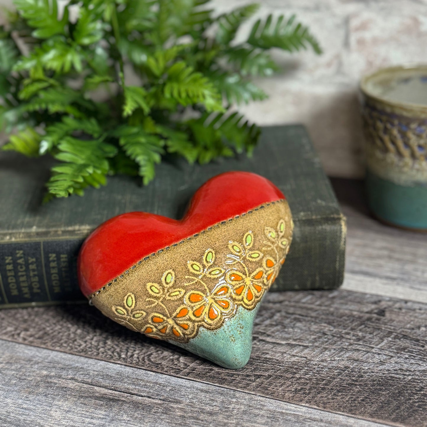 Lydia Small Ceramic Heart Wall Plaque by Laurie Pollpeter Eskenazi, Red/Multi, Handmade American Pottery