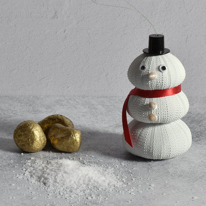 Sea Urchin Snowman Ornament with Red Scarf, Handmade in the USA