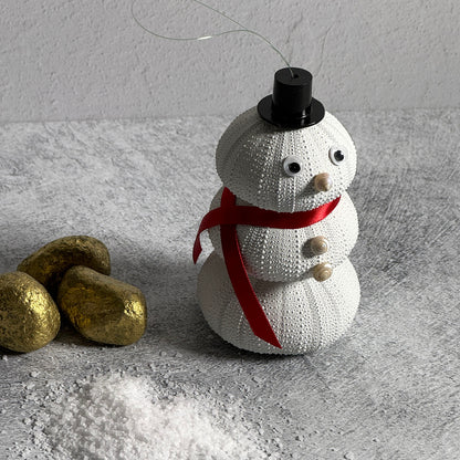 Sea Urchin Snowman Ornament with Red Scarf, Handmade in the USA