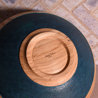 American Handmade 12" Reclaimed Two-Tone Wood Bowl, Oak with Blue