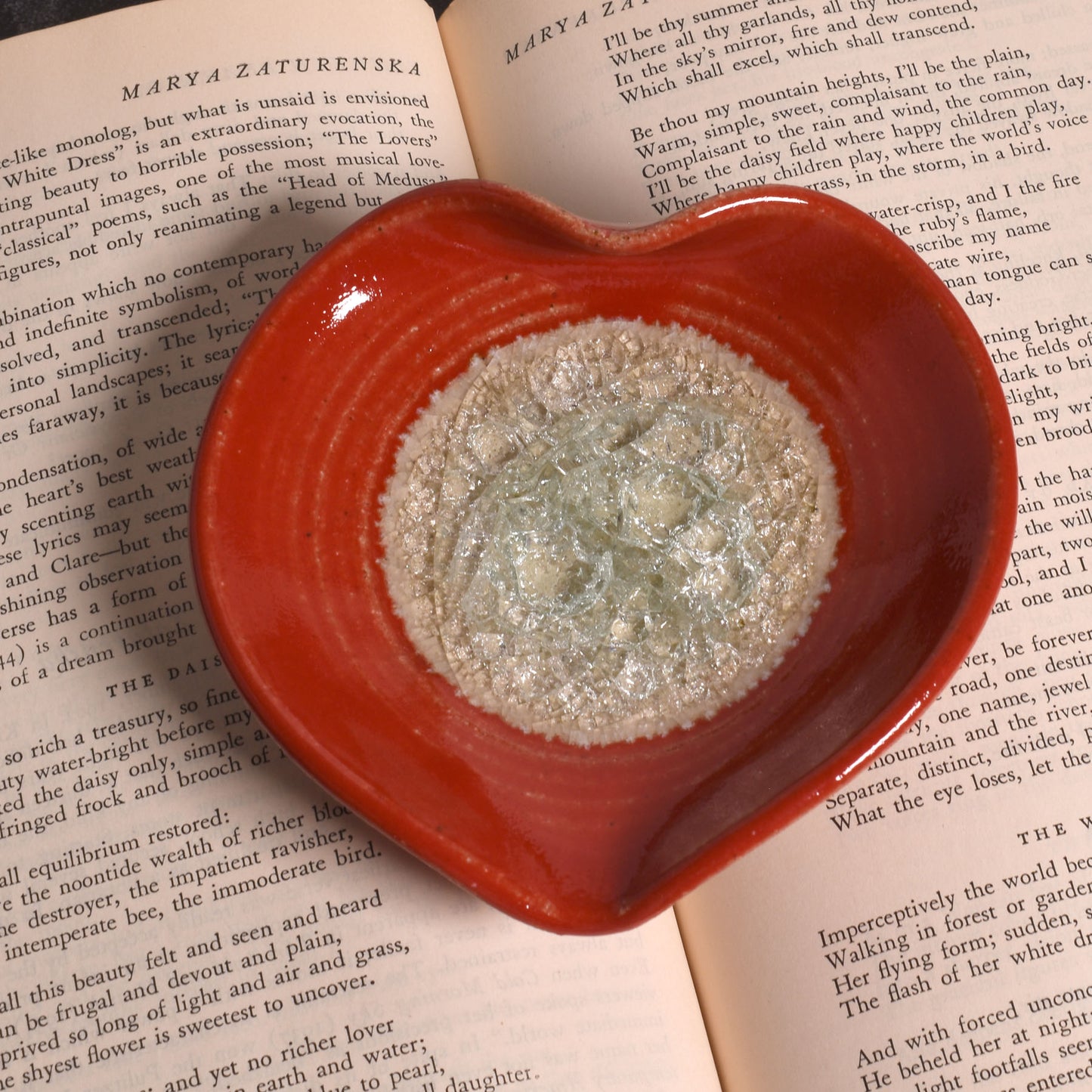 Handmade Heart-Shaped Ring Trinket Dish with Crackled Glass, Hot Tamale Red