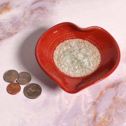 Handmade Heart-Shaped Ring Trinket Dish with Crackled Glass, Hot Tamale Red