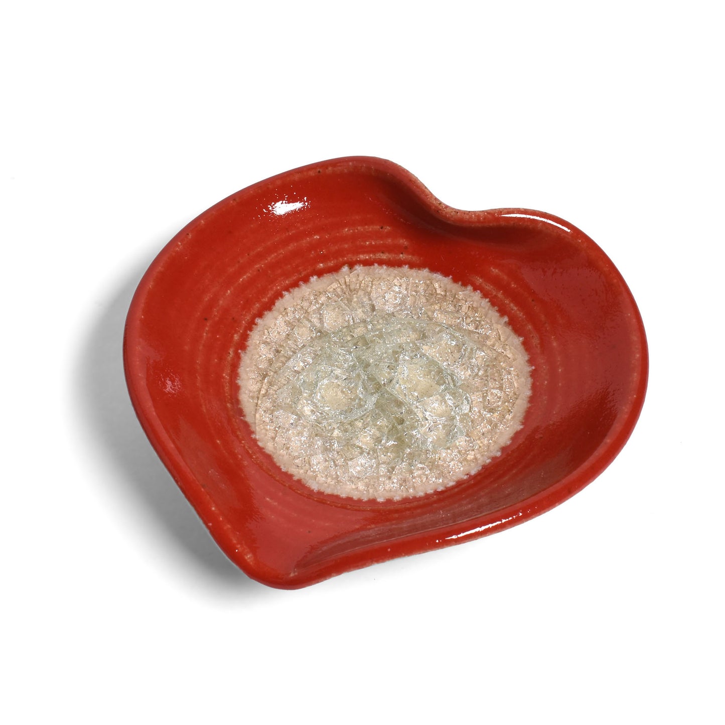 Handmade Heart-Shaped Ring Trinket Dish with Crackled Glass, Hot Tamale Red