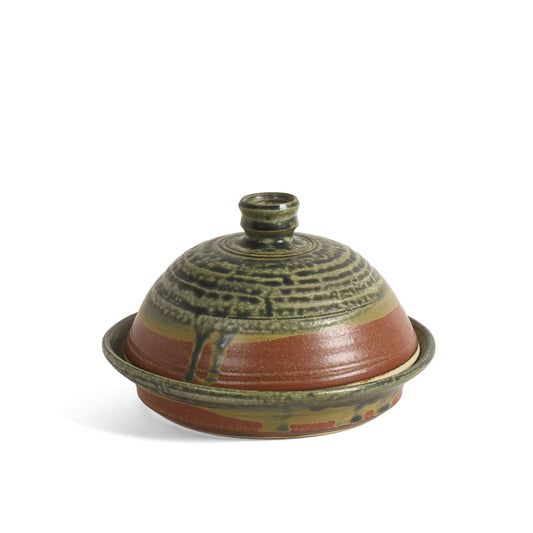 American Handmade Stoneware Garlic Roaster with Lid by Holman Pottery, Desert Glaze