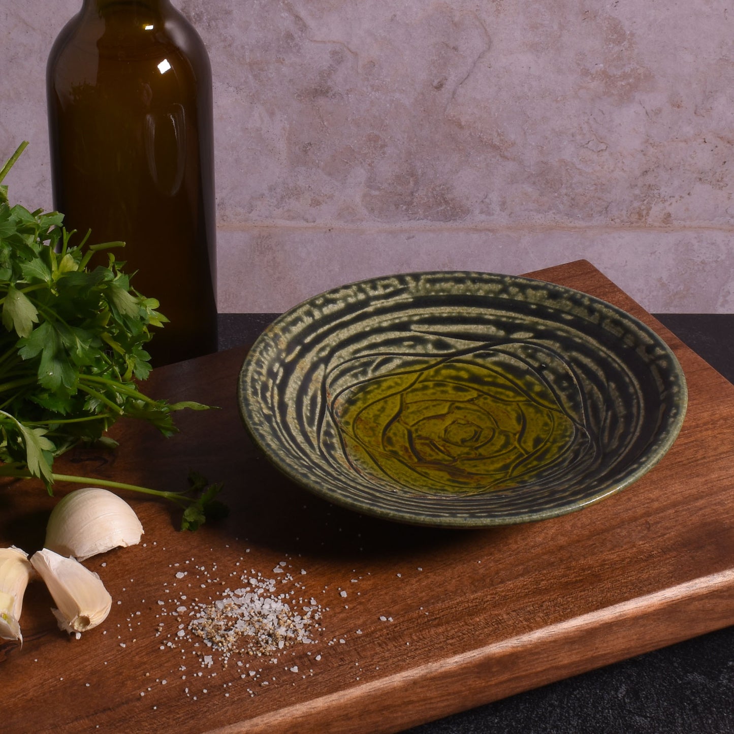 Holman Pottery Oil Dipping Dish with Textured Interior for Grating, Eco Ash Glaze, Each One Unique