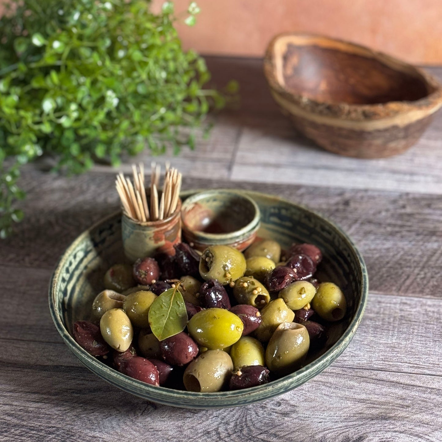 Holman Pottery Olive Serving Dish with Cups for Picks and Pits, Each One Unique