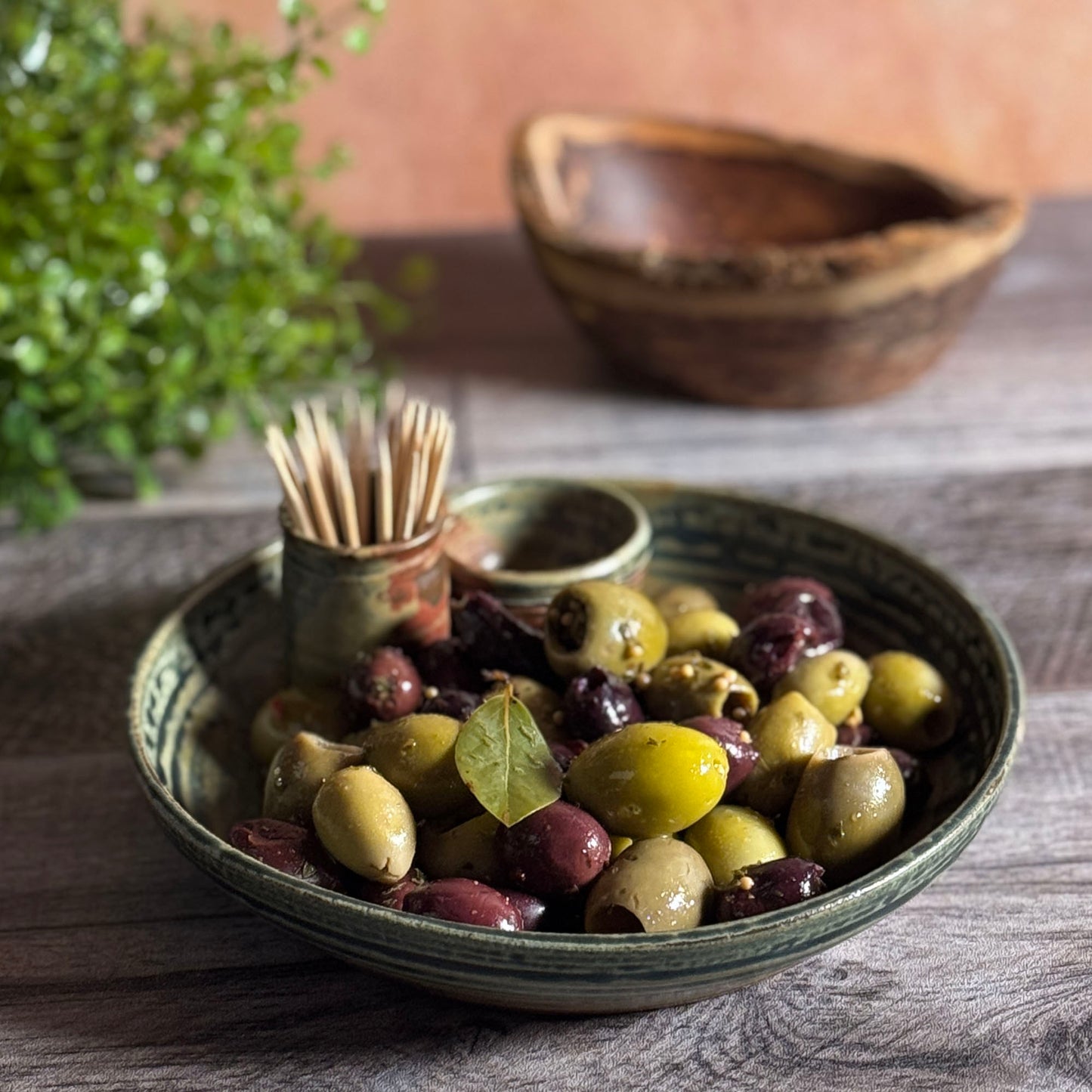Holman Pottery Olive Serving Dish with Cups for Picks and Pits, Each One Unique